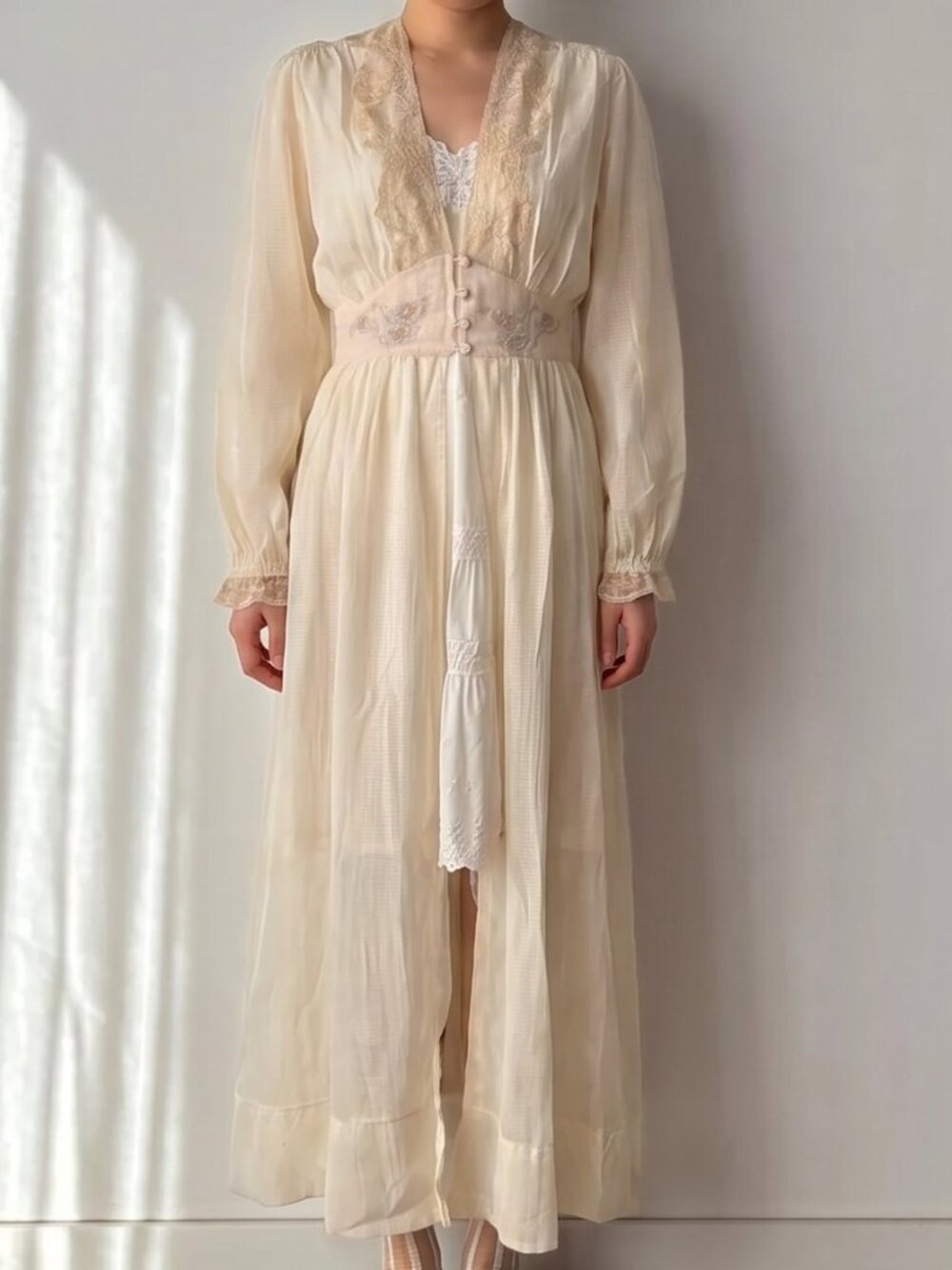 1930's trousseaux by Terris cream A-Line long sleeve sheer rayon maxi robe